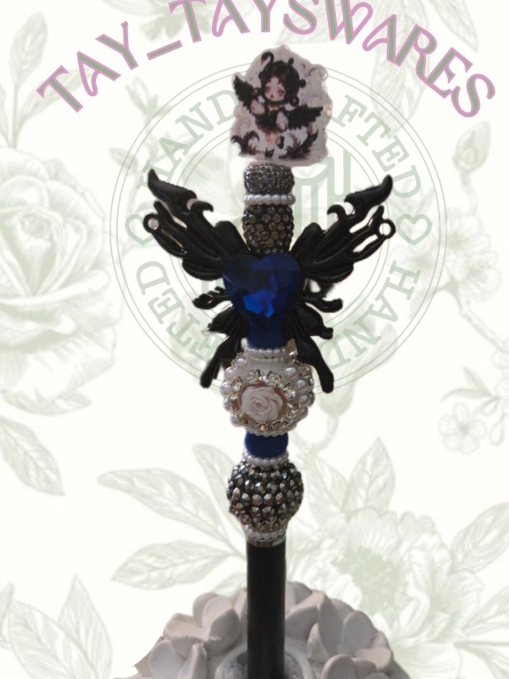 Hand Crafted Skull Panda Acrylic Focal Stylus/pen Combo Black Swan